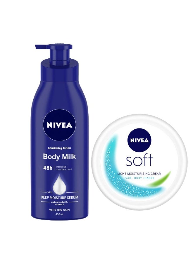 Nivea Body lotion, Nourishing Body Milk with 2x Almond Oil, 400 ml and Nivea Soft Light Moisturizer, Non Sticky Cream, 100 ml - Image 1